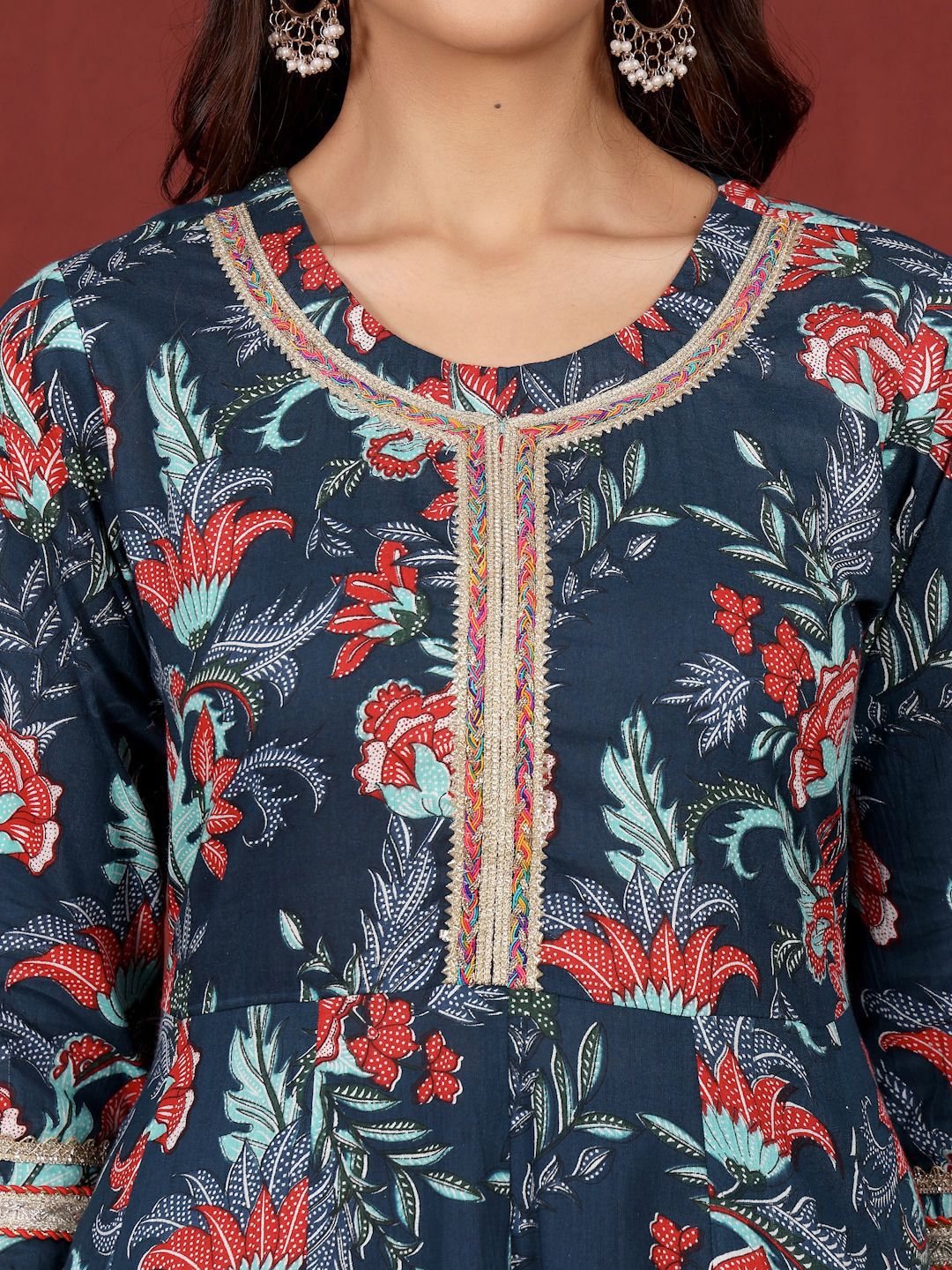 Dhiyona VA Women's Floral Printed Regular Pure Cotton Kurta, Trousers with Dupatta