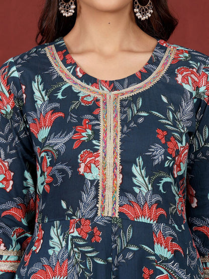 Dhiyona VA Women's Floral Printed Regular Pure Cotton Kurta, Trousers with Dupatta