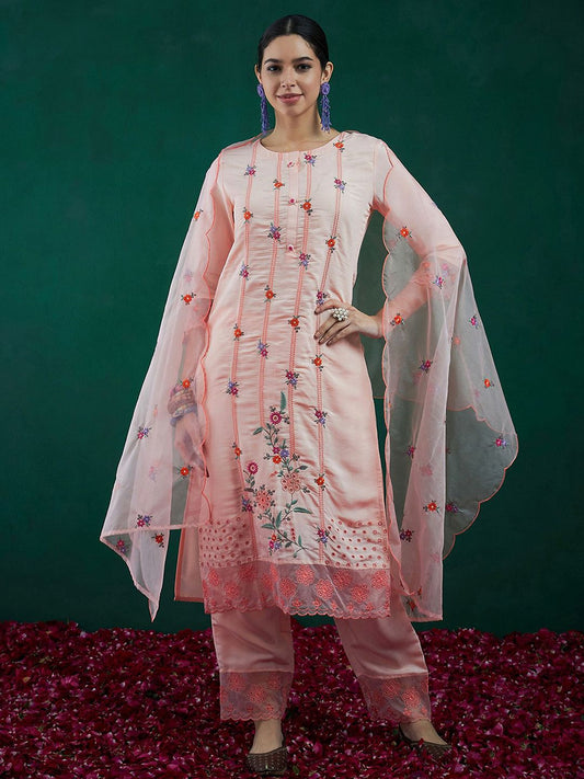 Dhiyona IE Floral Embroidered Straight Kurta With Trousers & Dupatta