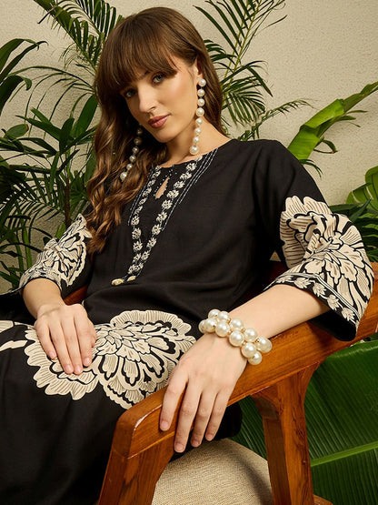 Dhiyona IE Women Black Floral Printed Pure Cotton Regular Sequinned Co-Ords