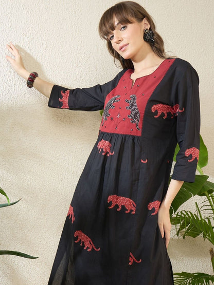 Women Animal Printed Tiered Thread Work Pure Cotton Kurta with Trousers