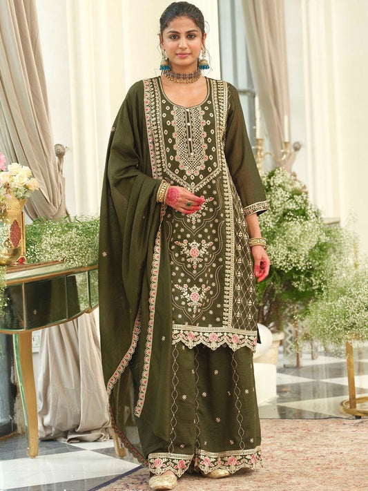 Dhiyona IE Women Ethnic Motifs Embroidered Regular Thread Work Kurta with Palazzos & With Dupatta