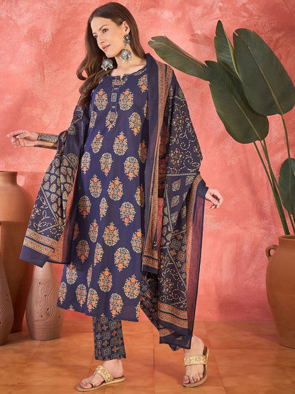 Dhiyona SN Women's Ethnic Motifs Printed Pure Cotton Straight Kurta With Trousers & Dupatta