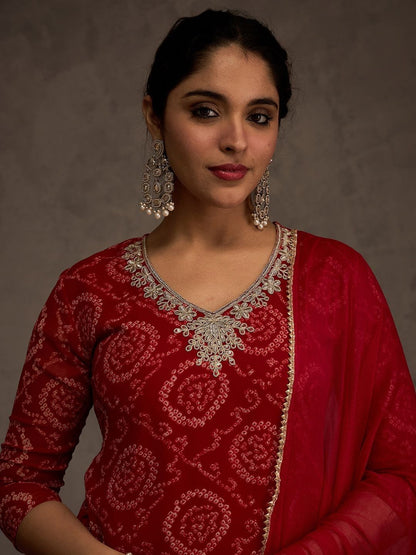 Bandhani Printed Straight Sequinned Work Kurta With Trousers & Dupatta