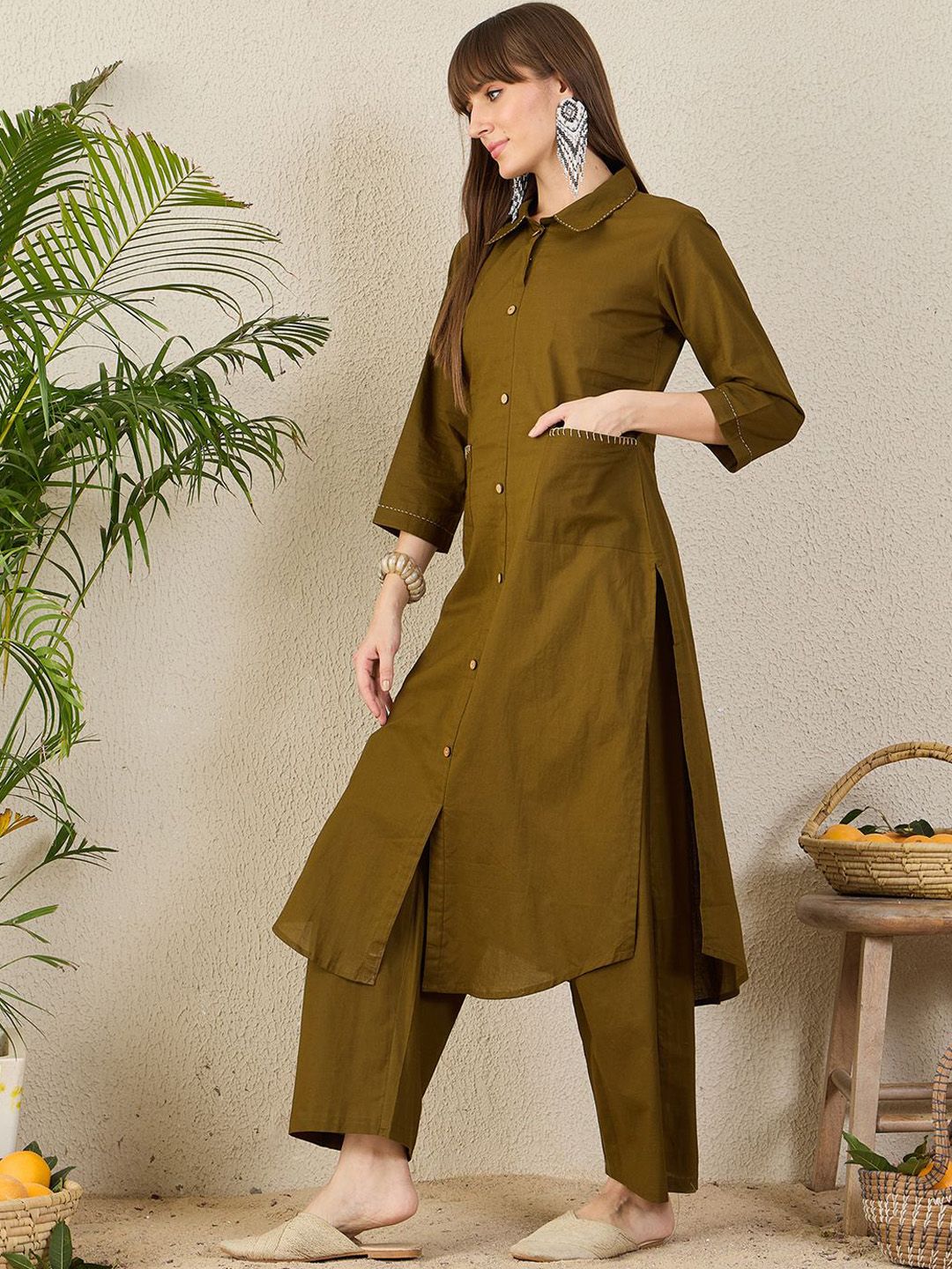 Dhiyona IE Pure Cotton Shirt Collar Neck Tunic With Trousers Co-Ords