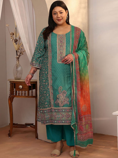Dhiyona Women's Plus Size Ethnic Motifs Printed Kurta with Trousers & Dupatta