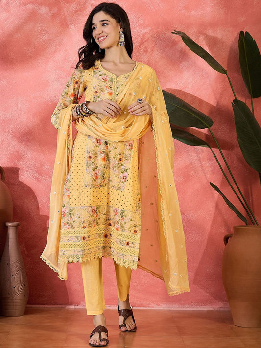 Dhiyona SN Women's Digital Printed With Schiffli Embroidered Cotton Kurta With Bottom & Dupatta Set