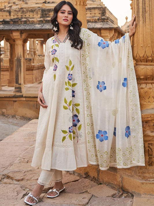 Floral Embroidered Mirror Work V-Neck Pure Cotton Kurta With Trousers & Dupatta