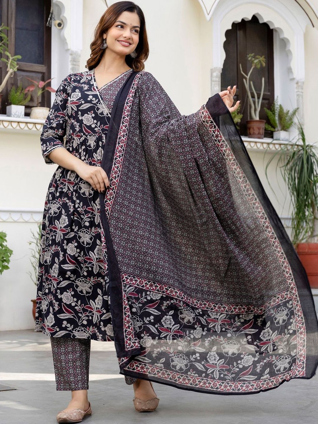Women Floral Printed Angrakha Pure Cotton Kurta with Trousers & With Dupatta