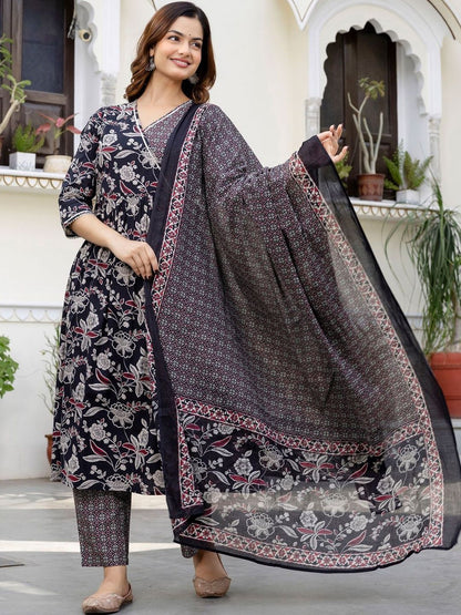 Women Floral Printed Angrakha Pure Cotton Kurta with Trousers & With Dupatta