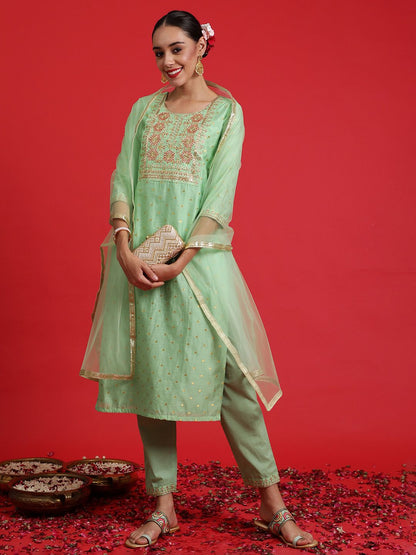 Dhiyona IE Women Floral Embroidered Regular Thread Work Chanderi Silk Kurta with Trousers & With Dupatta