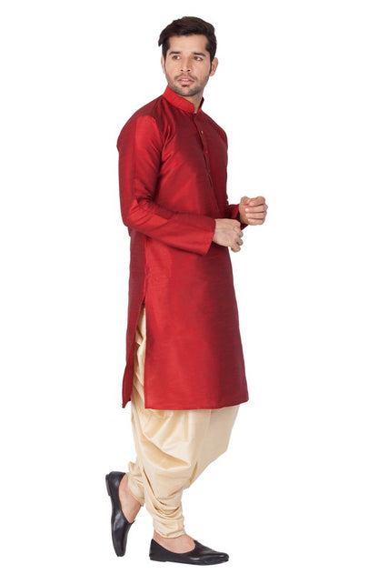 Men's Maroon Silk Blend Straight Kurta and Dhoti Set