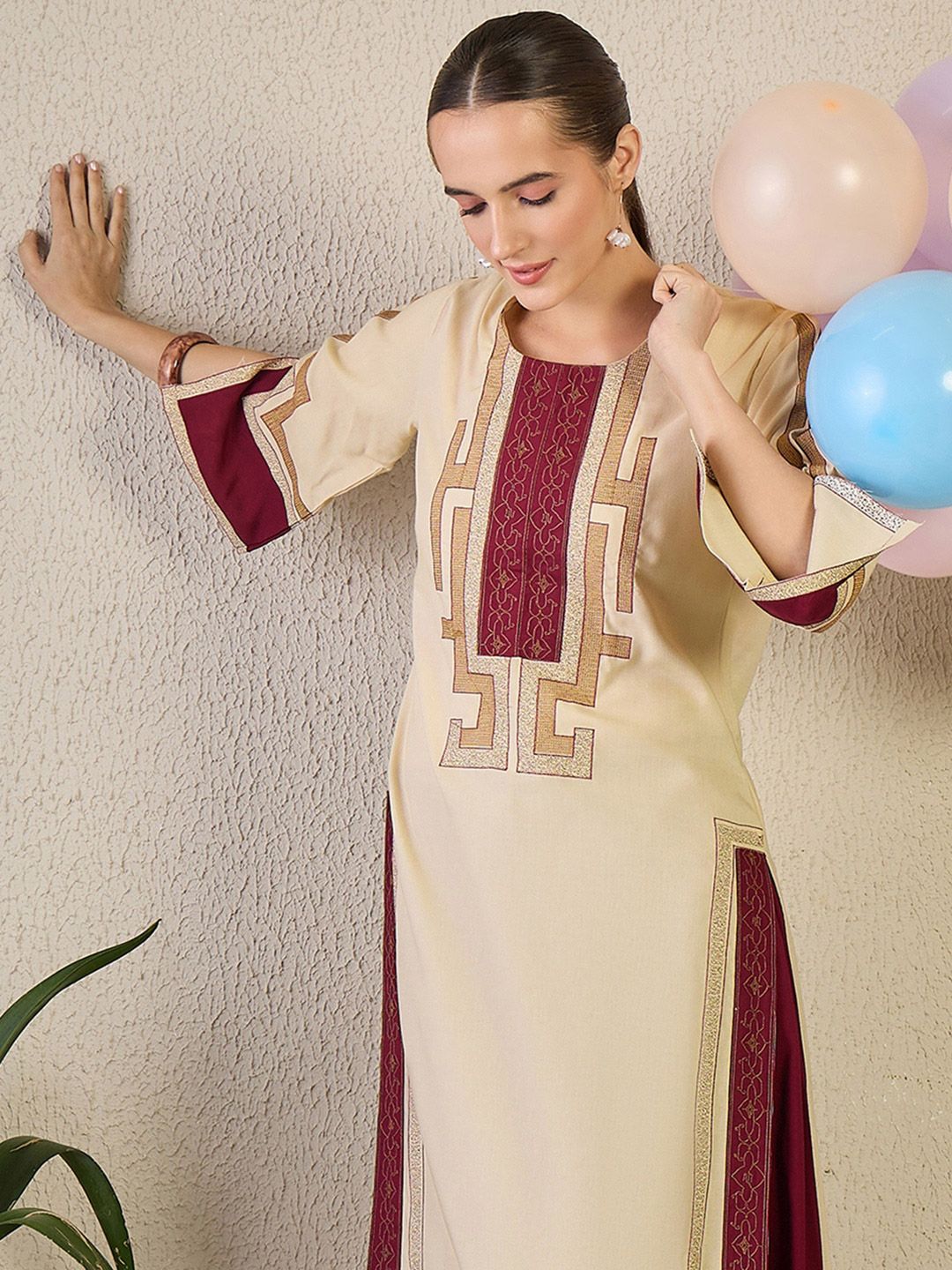 Dhiyona IE Women Ethnic Motifs Embroidered Regular Thread Work Kurta with Trousers