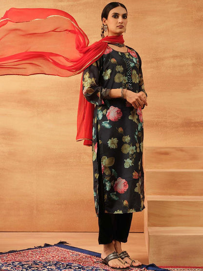 Dhiyona IS Women's Women Floral Printed Regular Mirror Work Kurta Set With Dupatta