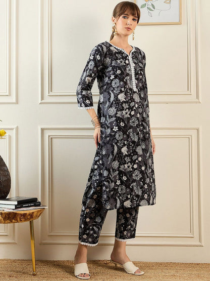 Dhiyona IE Women Floral Printed Regular Pure Cotton Kurta with Trousers