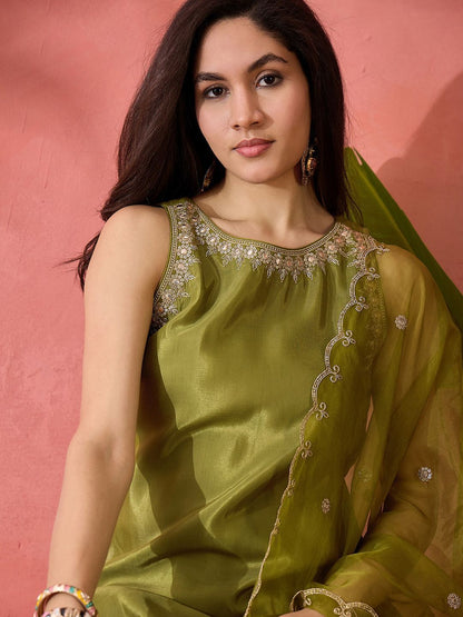 Dhiyona SN Women's Parrot Green Floral Sequinned Round Neck Straight Kurta With Palazzos And Dupatta