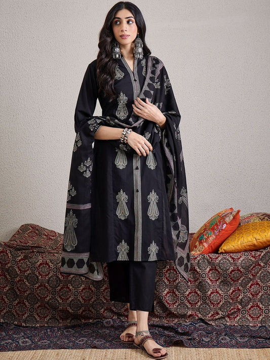 Women Paisley Embroidered Regular Thread Work Pure Cotton Kurta with Trousers & With Dupatta