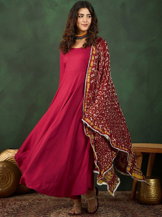 Dhiyona SN Women's Maroon Anarkali Kurta With Trousers & Bandhani Dupatta