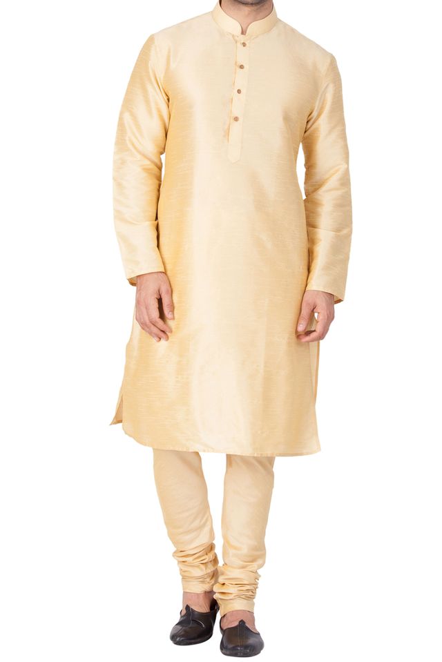 Men's Gold Silk Blend Straight Kurta Pyjama Set