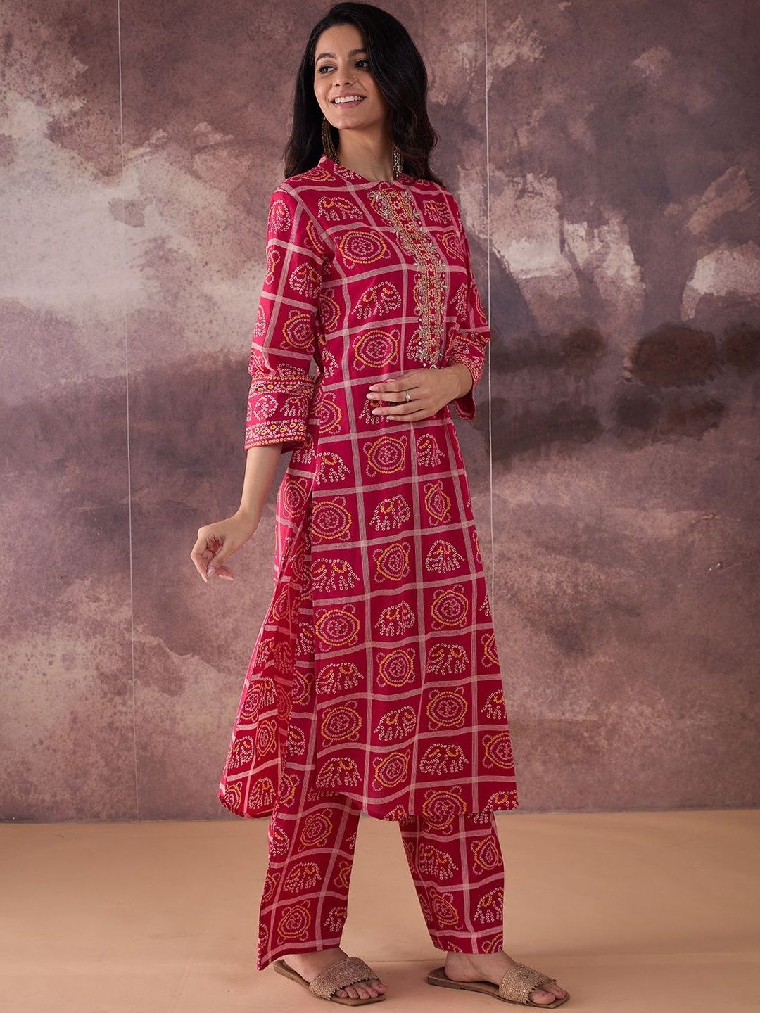 Dhiyona IE Printed Mandarin Collar Pure Cotton Tunic With Trousers