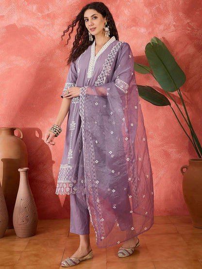 Dhiyona SN Women's Floral Embroidered V-Neck Mirror Work Pure Cotton Kurta With Trouser & Dupatta