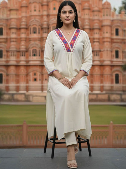 Off White Embroidered A-Line Liva Kurta With Trousers