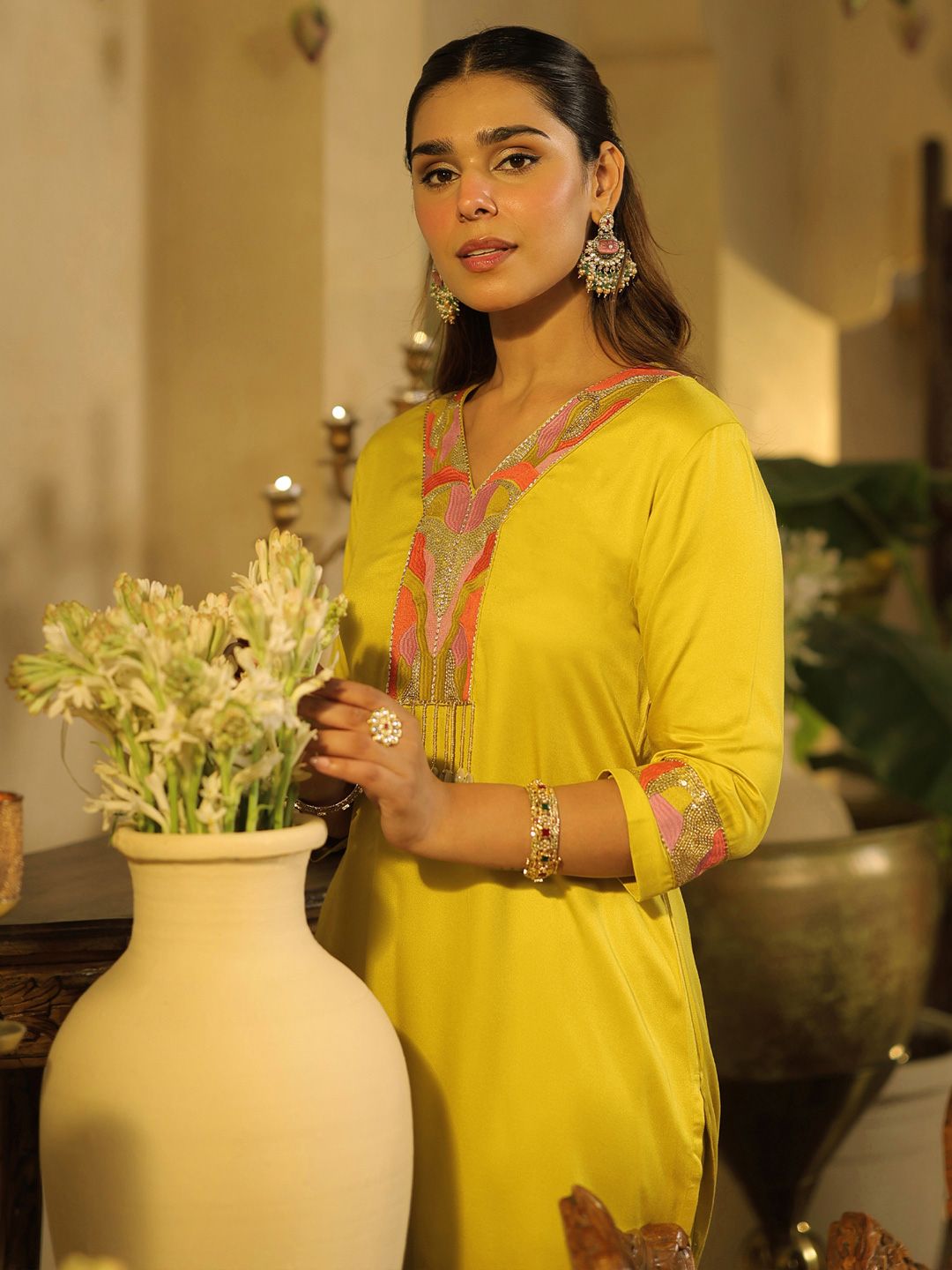 Women Ethnic Motifs Embroidered Regular Beads and Stones Straight Kurta Set