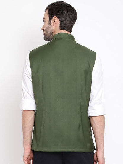 Men's Green Cotton Silk Straight Nehru Jacket