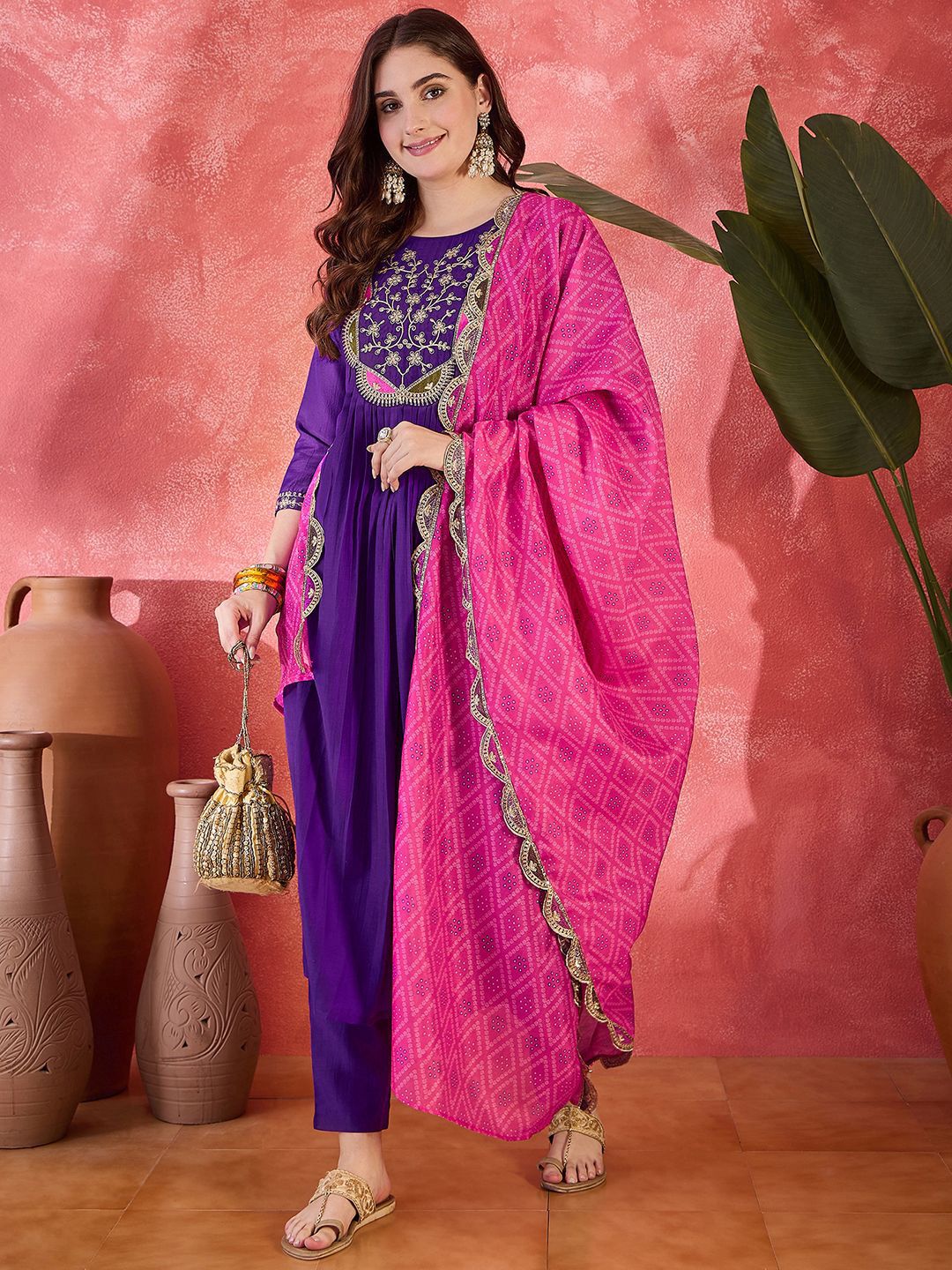 Dhiyona SN Women's Zari Sequence Embroidered Straight Kurta With Trousers & Dupatta