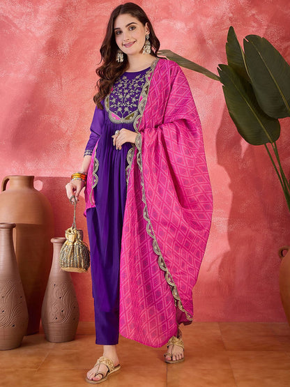 Dhiyona SN Women's Zari Sequence Embroidered Straight Kurta With Trousers & Dupatta