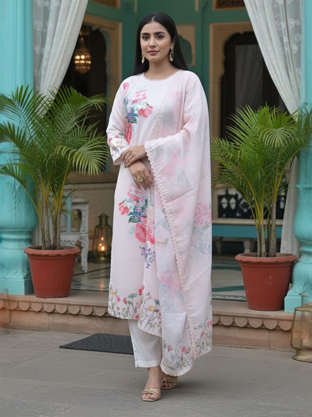 Floral Printed Linen Straight Kurta With Trousers & Dupatta