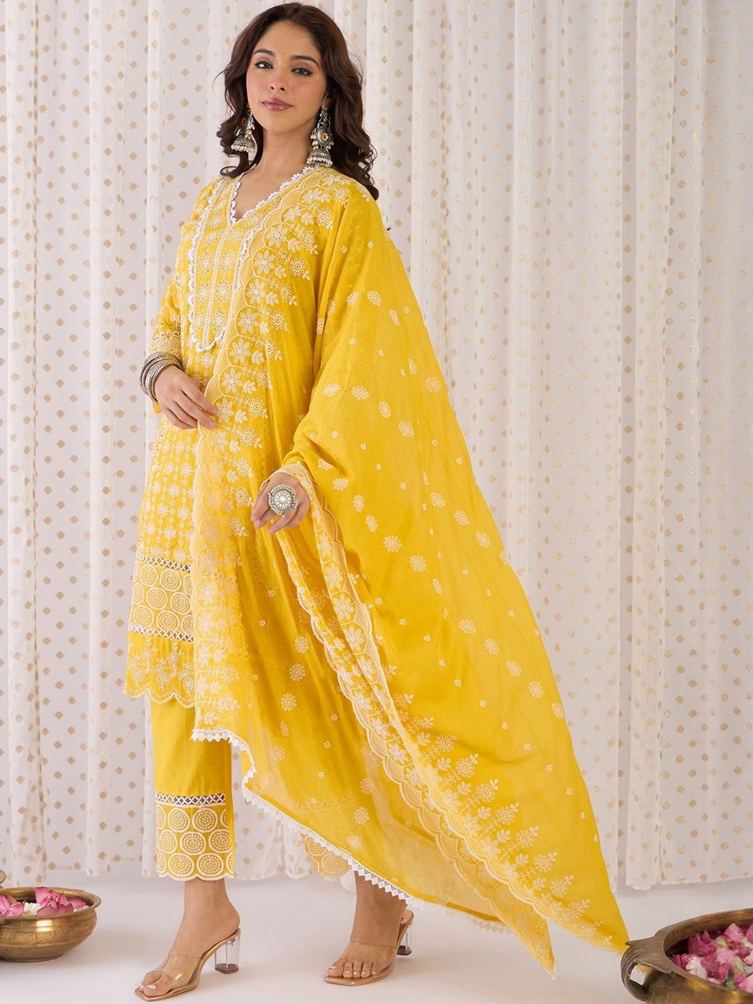 Women Ethnic Motifs Embroidered Cotton Kurta with Trousers & Dupatta