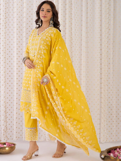 Women Ethnic Motifs Embroidered Cotton Kurta with Trousers & Dupatta