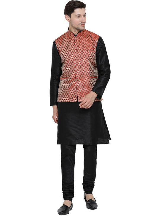 Men's Black Silk Blend Straight Jacket  Kurta and Pyjama Set