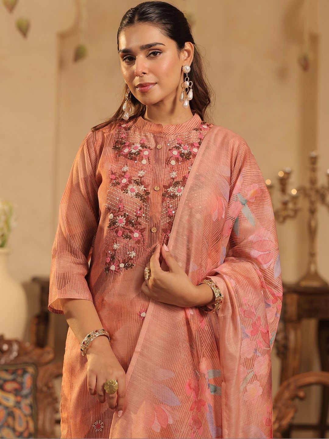 Women Floral Embroidered Regular Thread Work Chanderi Cotton Kurta with Trousers & With Dupatta