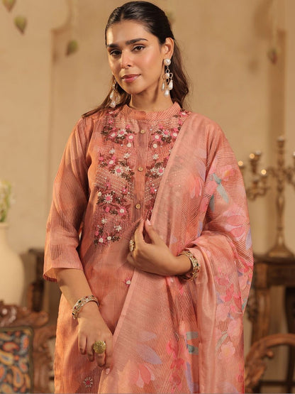 Women Floral Embroidered Regular Thread Work Chanderi Cotton Kurta with Trousers & With Dupatta