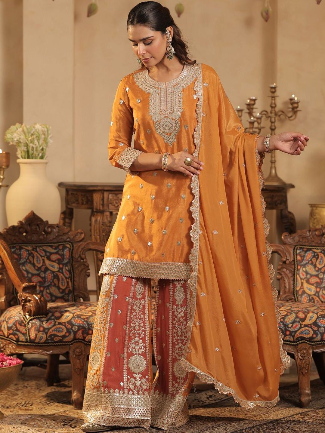Ethnic Motifs Embroidered Round Neck Zari Straight Kurta & Palazzos With Dupatta