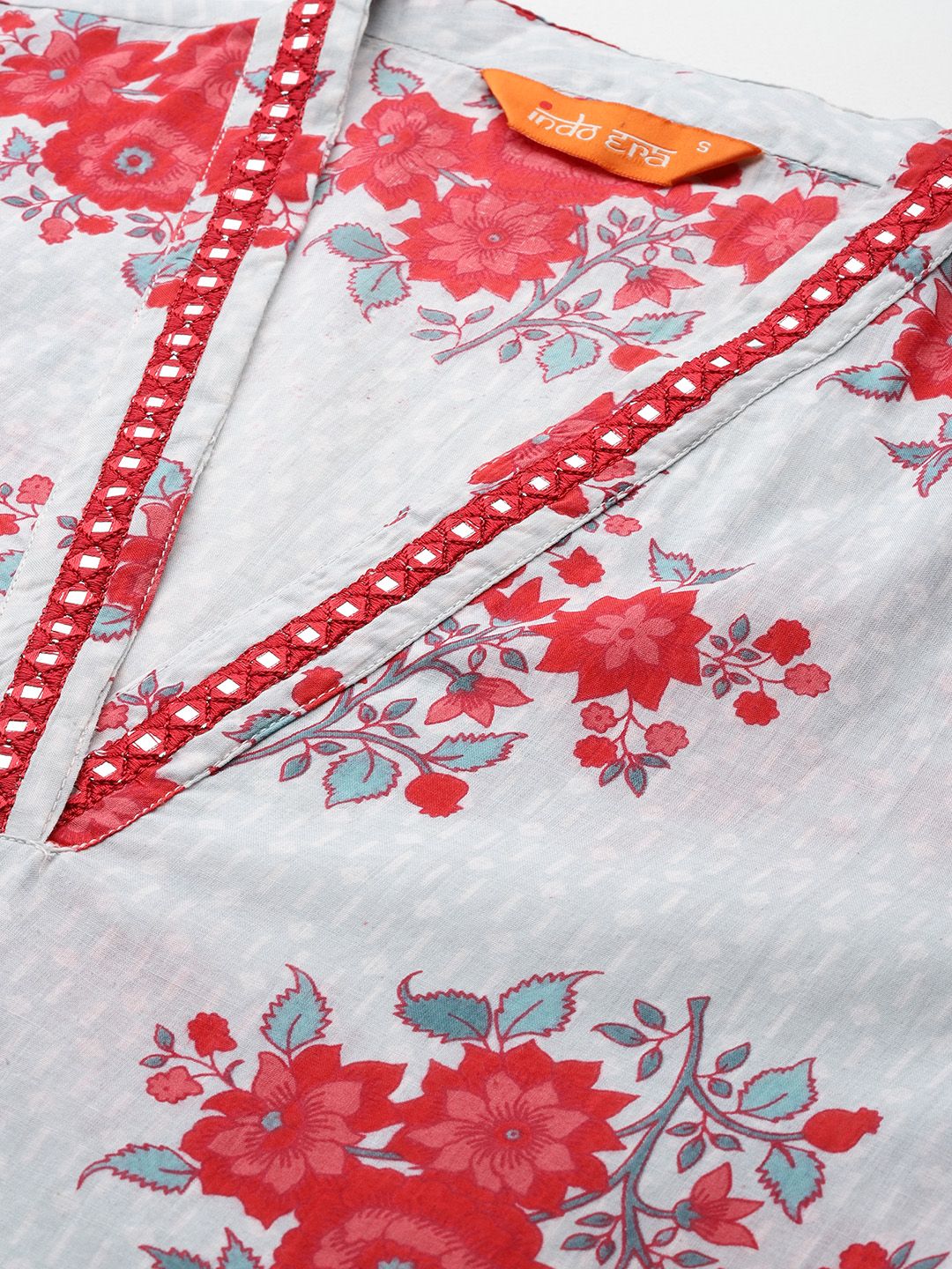 Floral Printed Mirror Work Pure Cotton Kurta with Trousers