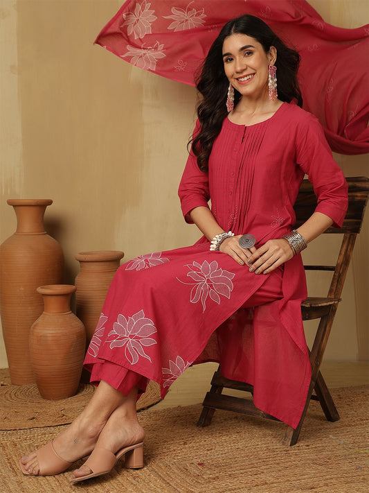 Dhiyona SN Women's Printed Straight Kurta With Trousers & Dupatta
