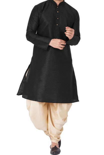 Men's Black Silk Blend Straight Kurta and Dhoti Set
