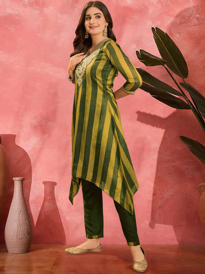 Dhiyona SN Women's Striped V-Neck Thread Work A-Line Asymmetric Kurta & Trousers