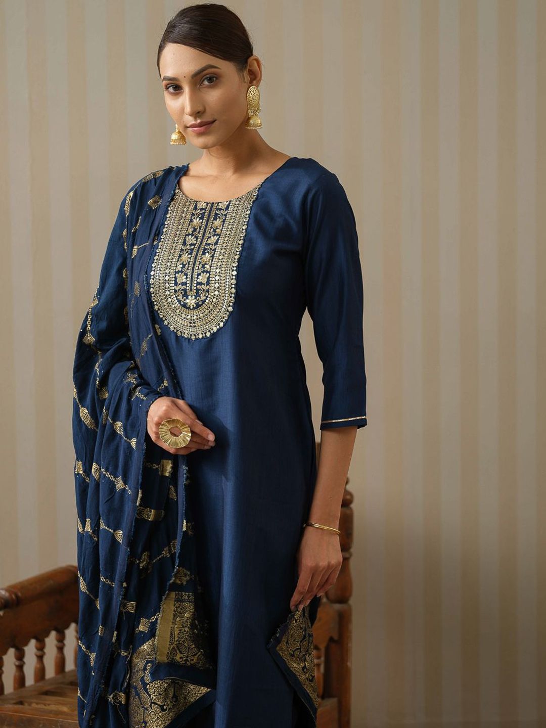 Dhiyona OD  Floral Yoke Design Silk Straight Kurta & Trousers With Dupatta