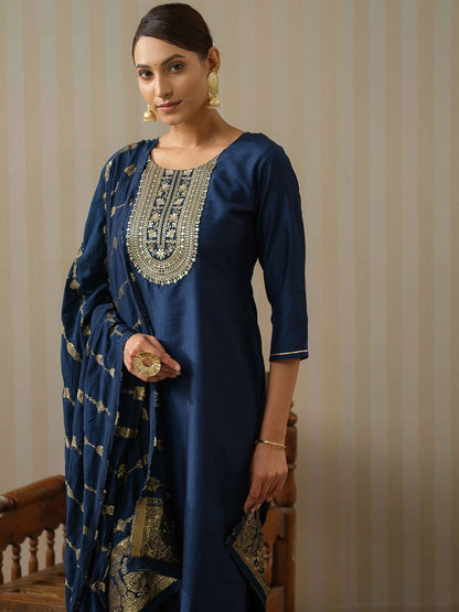 Dhiyona OD  Floral Yoke Design Silk Straight Kurta & Trousers With Dupatta