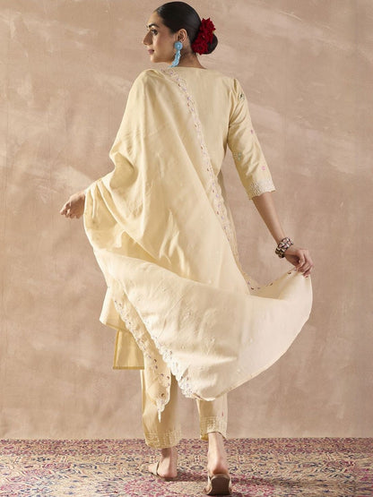 Floral Embroidered Pure Cotton Regular Thread Work Kurta With Trousers & Dupatta