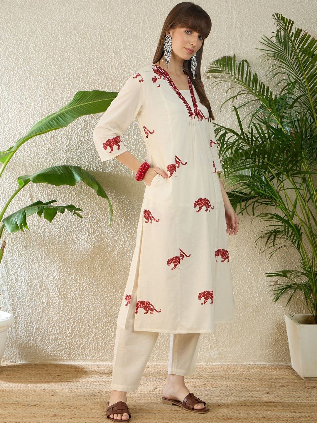 Animal Printed Pure Cotton A Line Kurta With Trousers