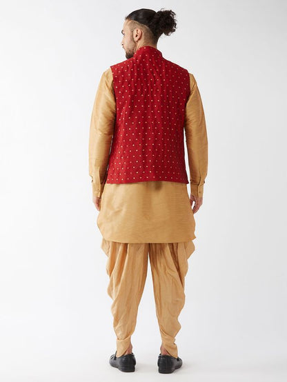 Men's Rose Gold Silk Blend Straight Jacket  Kurta and Dhoti Set