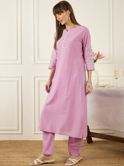 Dhiyona IE Embroidered Round Neck Three-Quarter Sleeves Pure Cotton Tunic And Trousers
