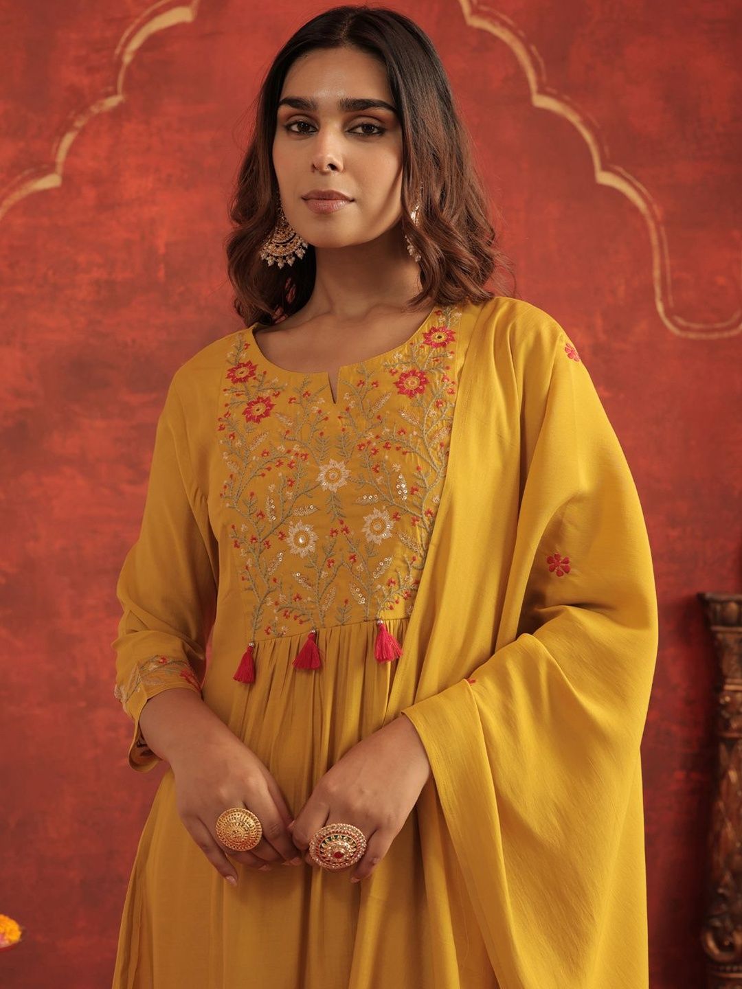 Women Floral Embroidered A-Line Kurta with Trousers & Dupatta