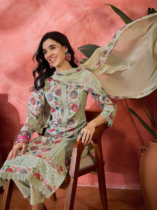 Dhiyona SN Women's Floral Printed schiffl Embroidered Straight Kurta With Trouser & Dupatta