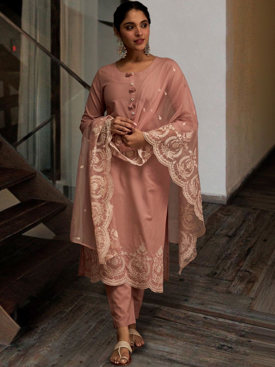 Women Ethnic Motifs Embroidered Regular Thread Work Pure Cotton Kurta with Trousers & With Dupatta